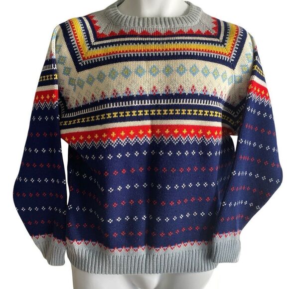 Vtg Charles Wolf Norway Sweater Men's Medium Wool Pullover Blue Red Fair Isle - Picture 1 of 5